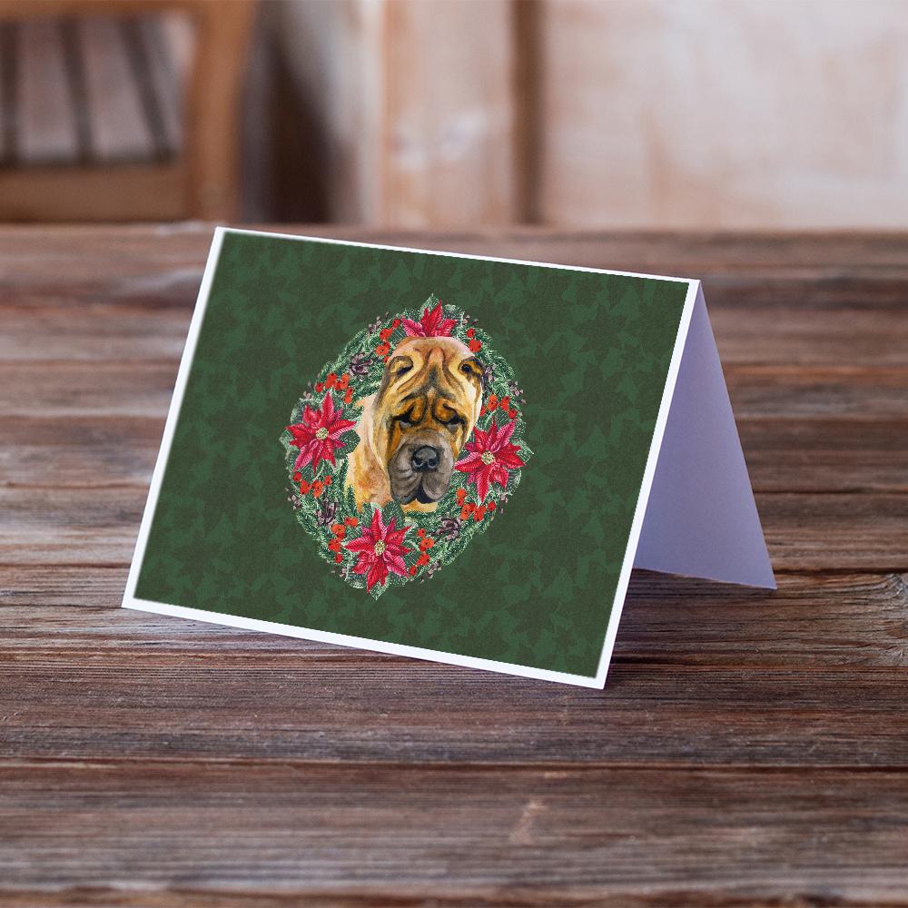 Shar Pei Poinsetta Wreath Greeting Cards Pack of 8 Blank Cards with Envelopes Whimsical A7 Size 5x7