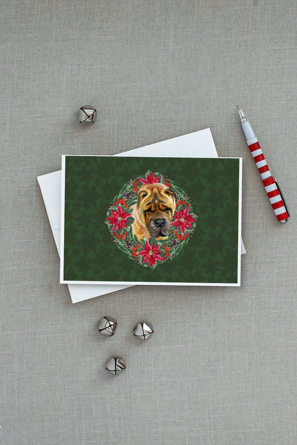 Shar Pei Poinsetta Wreath Greeting Cards Pack of 8 Blank Cards with Envelopes Whimsical A7 Size 5x7