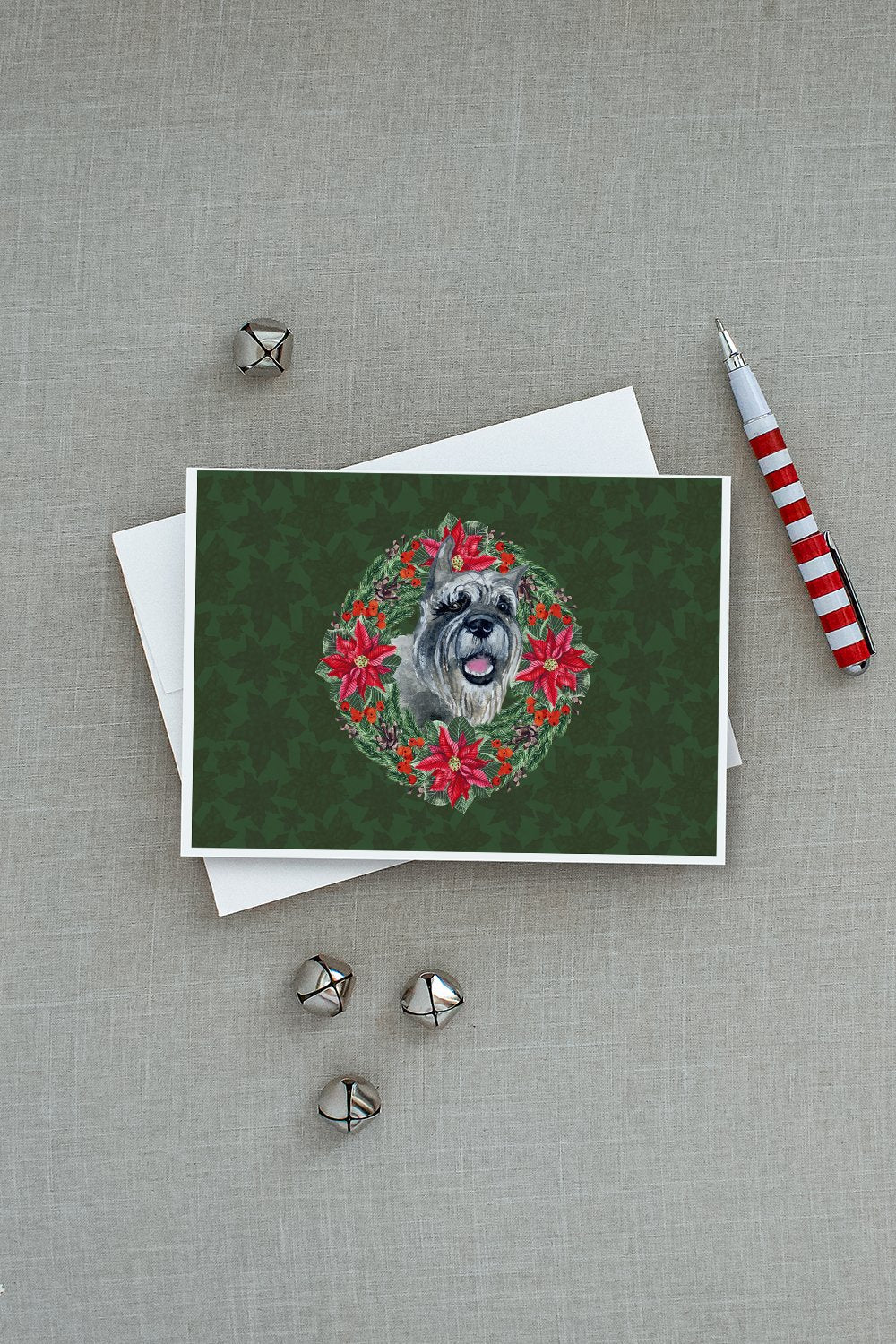 Schnauzer Poinsetta Wreath Greeting Cards Pack of 8 Blank Cards with Envelopes Whimsical A7 Size 5x7