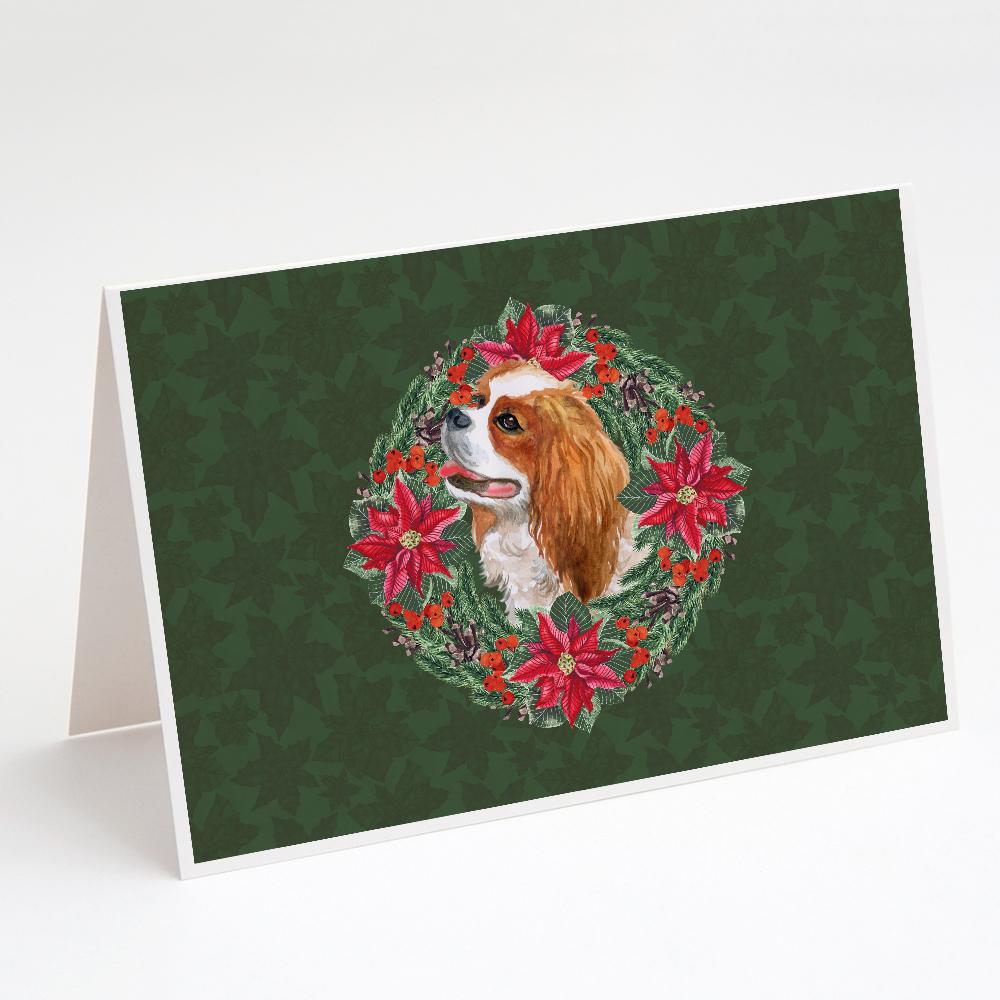 Cavalier Spaniel Poinsetta Wreath Greeting Cards Pack of 8 Blank Cards with Envelopes Whimsical A7 Size 5x7