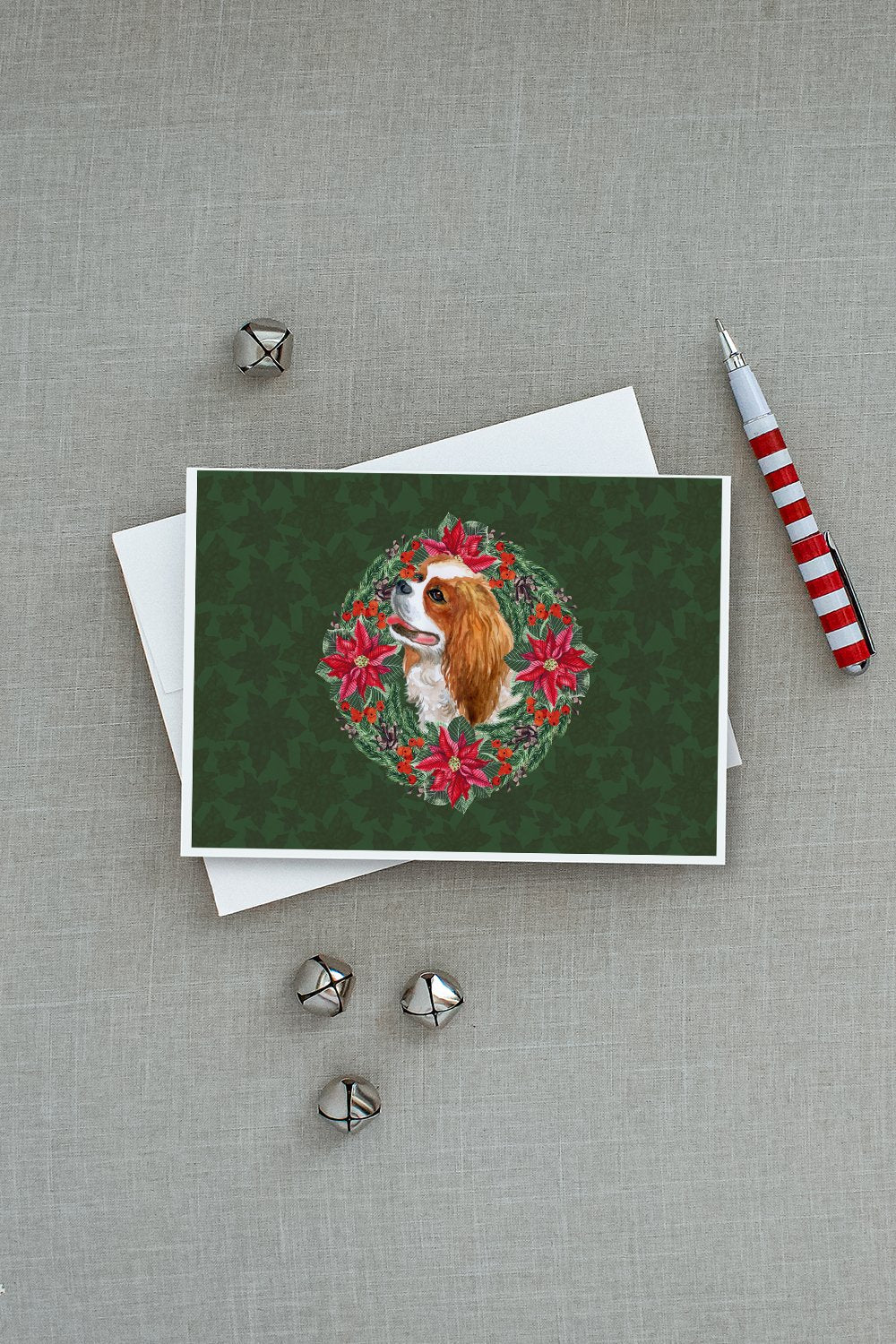 Cavalier Spaniel Poinsetta Wreath Greeting Cards Pack of 8 Blank Cards with Envelopes Whimsical A7 Size 5x7