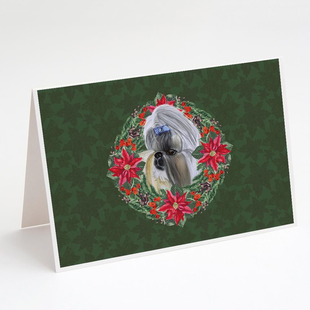 Shih Tzu Poinsetta Wreath Greeting Cards Pack of 8 Blank Cards with Envelopes Whimsical A7 Size 5x7