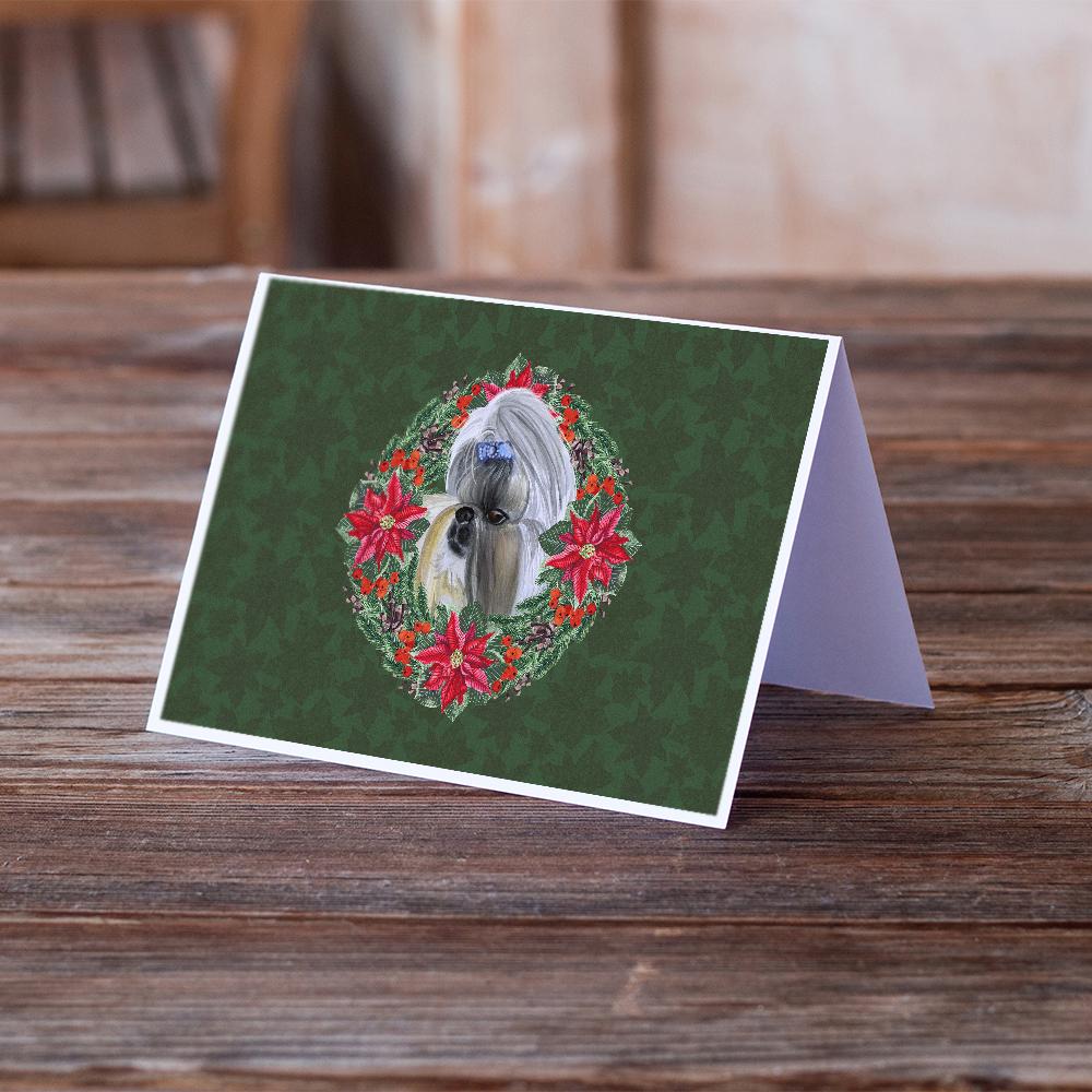 Shih Tzu Poinsetta Wreath Greeting Cards Pack of 8 Blank Cards with Envelopes Whimsical A7 Size 5x7