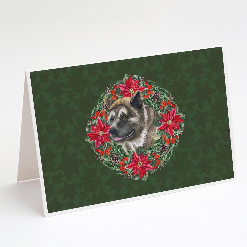 American Akita Poinsetta Wreath Greeting Cards Pack of 8 Blank Cards with Envelopes Whimsical A7 Size 5x7