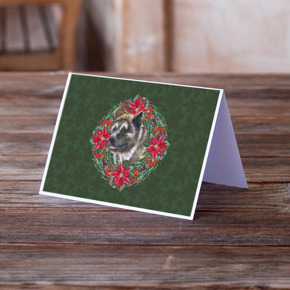 American Akita Poinsetta Wreath Greeting Cards Pack of 8 Blank Cards with Envelopes Whimsical A7 Size 5x7