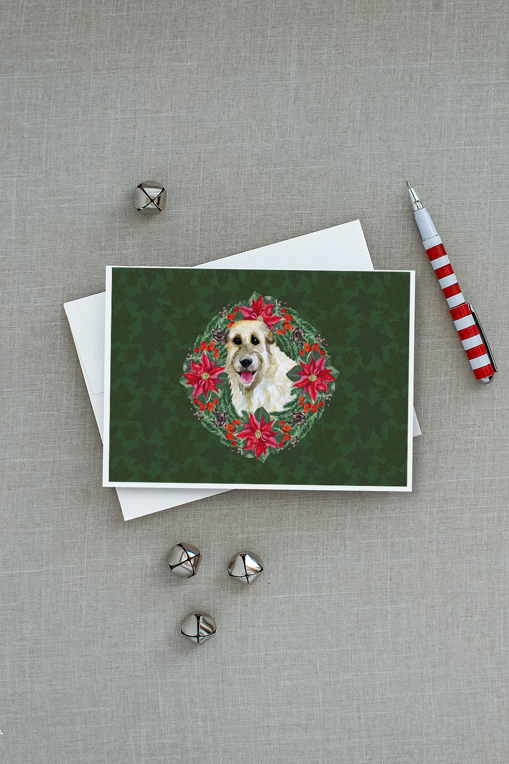 Irish Wolfhound Poinsetta Wreath Greeting Cards Pack of 8 Blank Cards with Envelopes Whimsical A7 Size 5x7