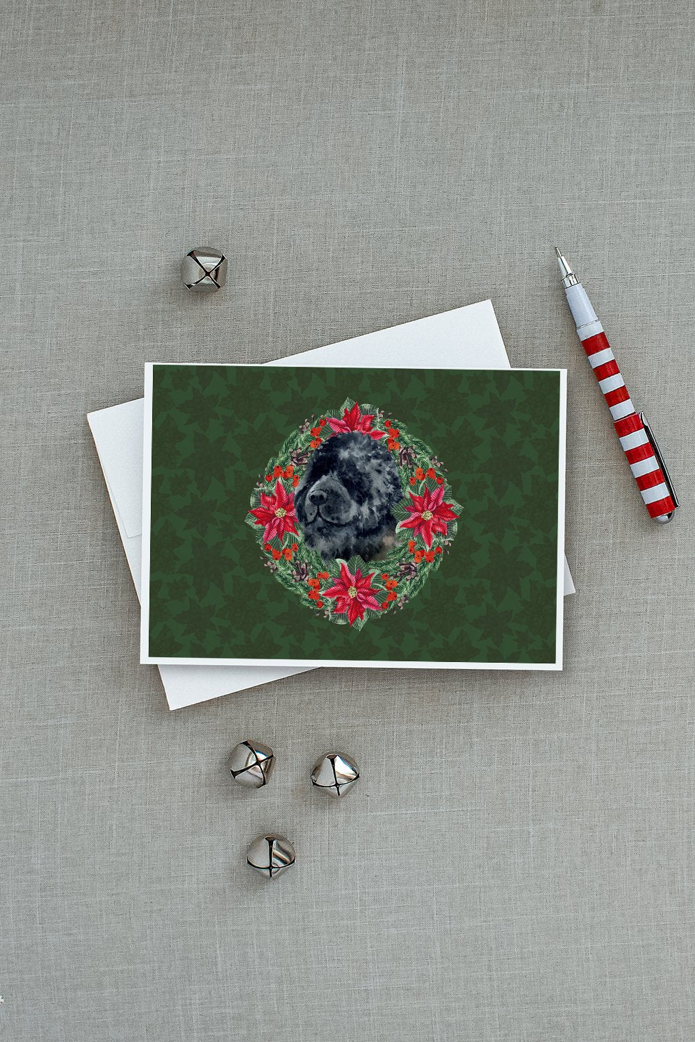 Newfoundland Poinsetta Wreath Greeting Cards Pack of 8 Blank Cards with Envelopes Whimsical A7 Size 5x7