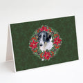 Borzoi Poinsetta Wreath Greeting Cards Pack of 8 Blank Cards with Envelopes Whimsical A7 Size 5x7