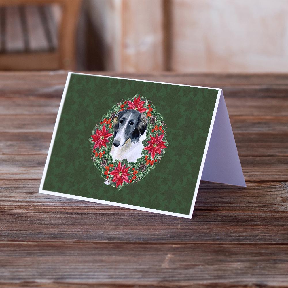 Borzoi Poinsetta Wreath Greeting Cards Pack of 8 Blank Cards with Envelopes Whimsical A7 Size 5x7
