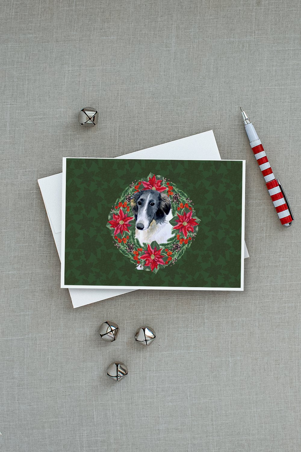 Borzoi Poinsetta Wreath Greeting Cards Pack of 8 Blank Cards with Envelopes Whimsical A7 Size 5x7