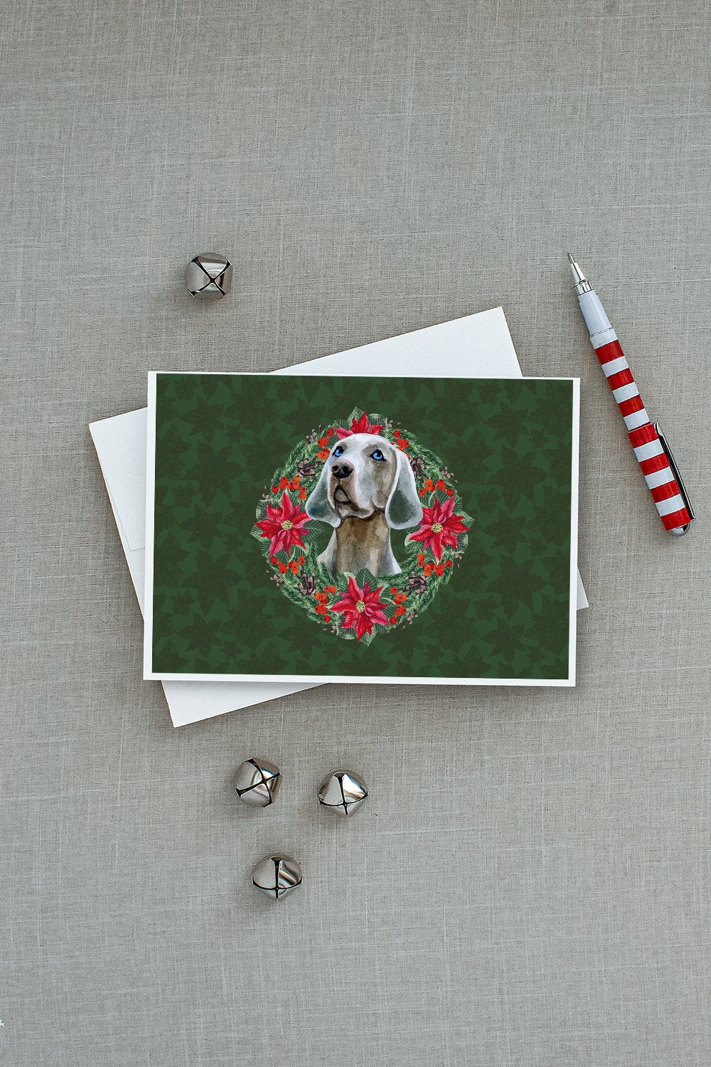 Weimaraner Poinsetta Wreath Greeting Cards Pack of 8 Blank Cards with Envelopes Whimsical A7 Size 5x7