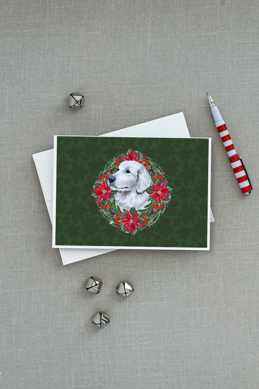 Maremma Sheepdog Poinsetta Wreath Greeting Cards Pack of 8 Blank Cards with Envelopes Whimsical A7 Size 5x7
