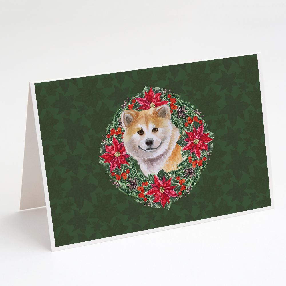 Shiba Inu Poinsetta Wreath Greeting Cards Pack of 8 Blank Cards with Envelopes Whimsical A7 Size 5x7
