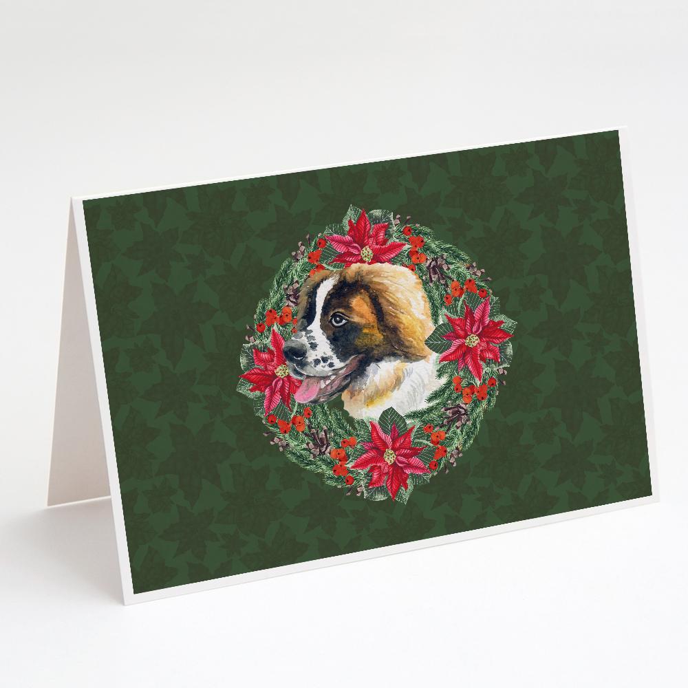 Saint Bernard Poinsetta Wreath Greeting Cards Pack of 8 Blank Cards with Envelopes Whimsical A7 Size 5x7