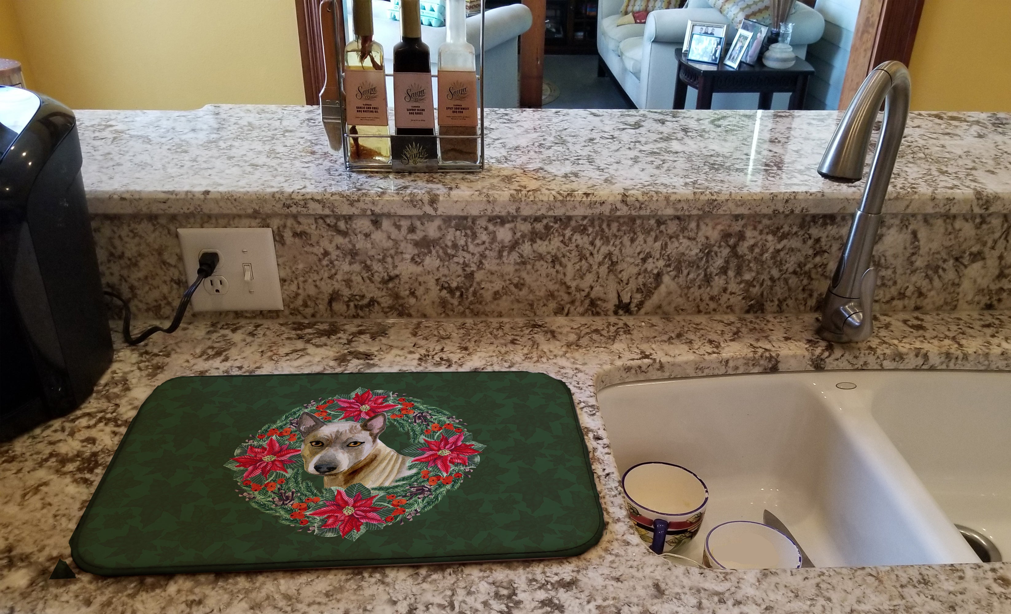 Thai Ridgeback Poinsetta Wreath Dish Drying Mat Absorbent Dish Drying Mat Pad for Kitchen Counter Dish Drainer Mat for Countertop, 14 x 21", Multicolor