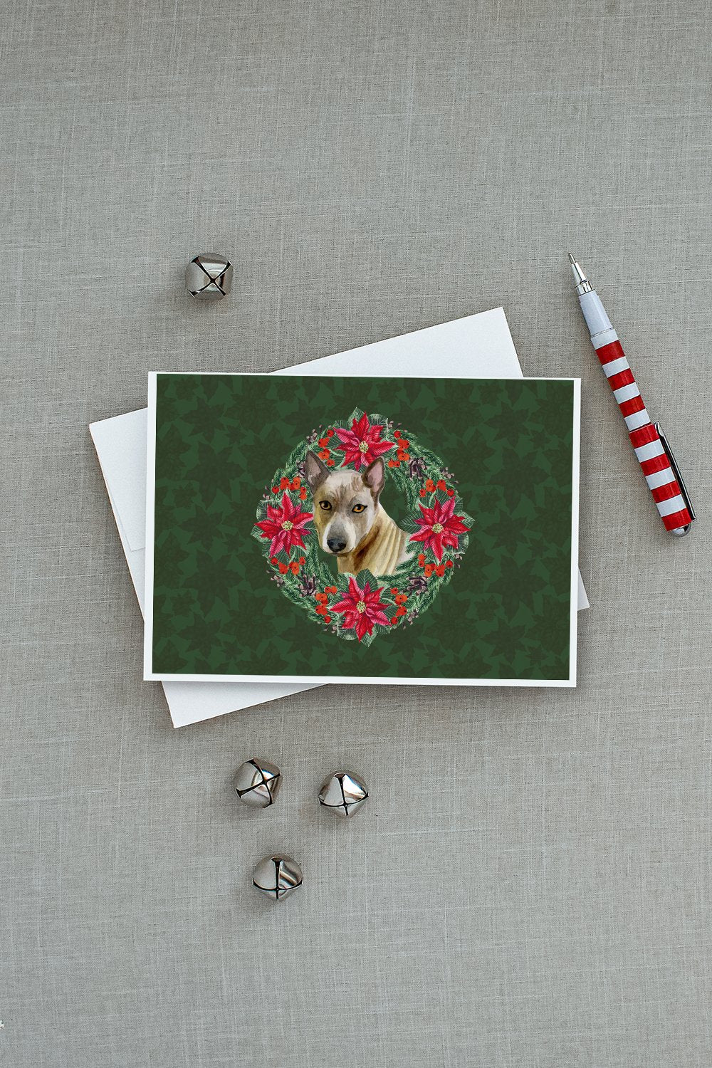 Thai Ridgeback Poinsetta Wreath Greeting Cards Pack of 8 Blank Cards with Envelopes Whimsical A7 Size 5x7