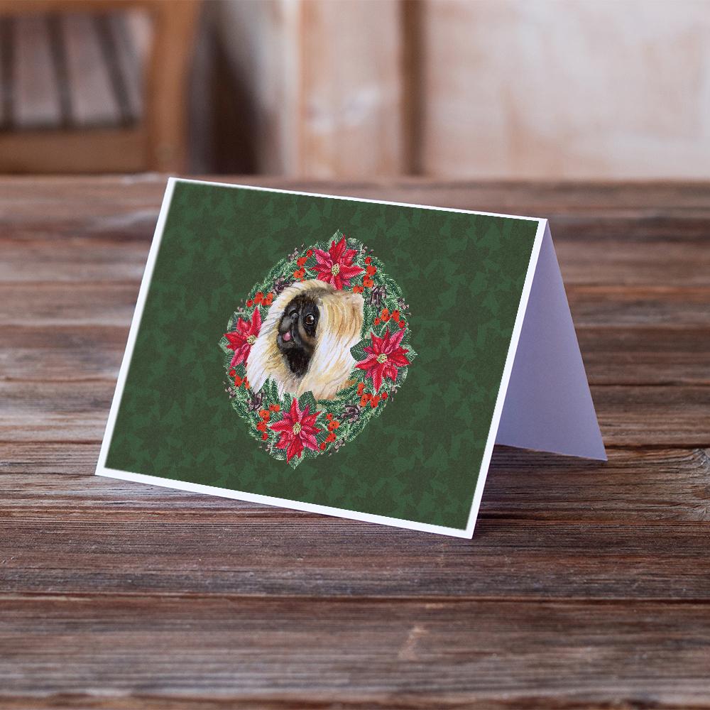 Pekingese Poinsetta Wreath Greeting Cards Pack of 8 Blank Cards with Envelopes Whimsical A7 Size 5x7