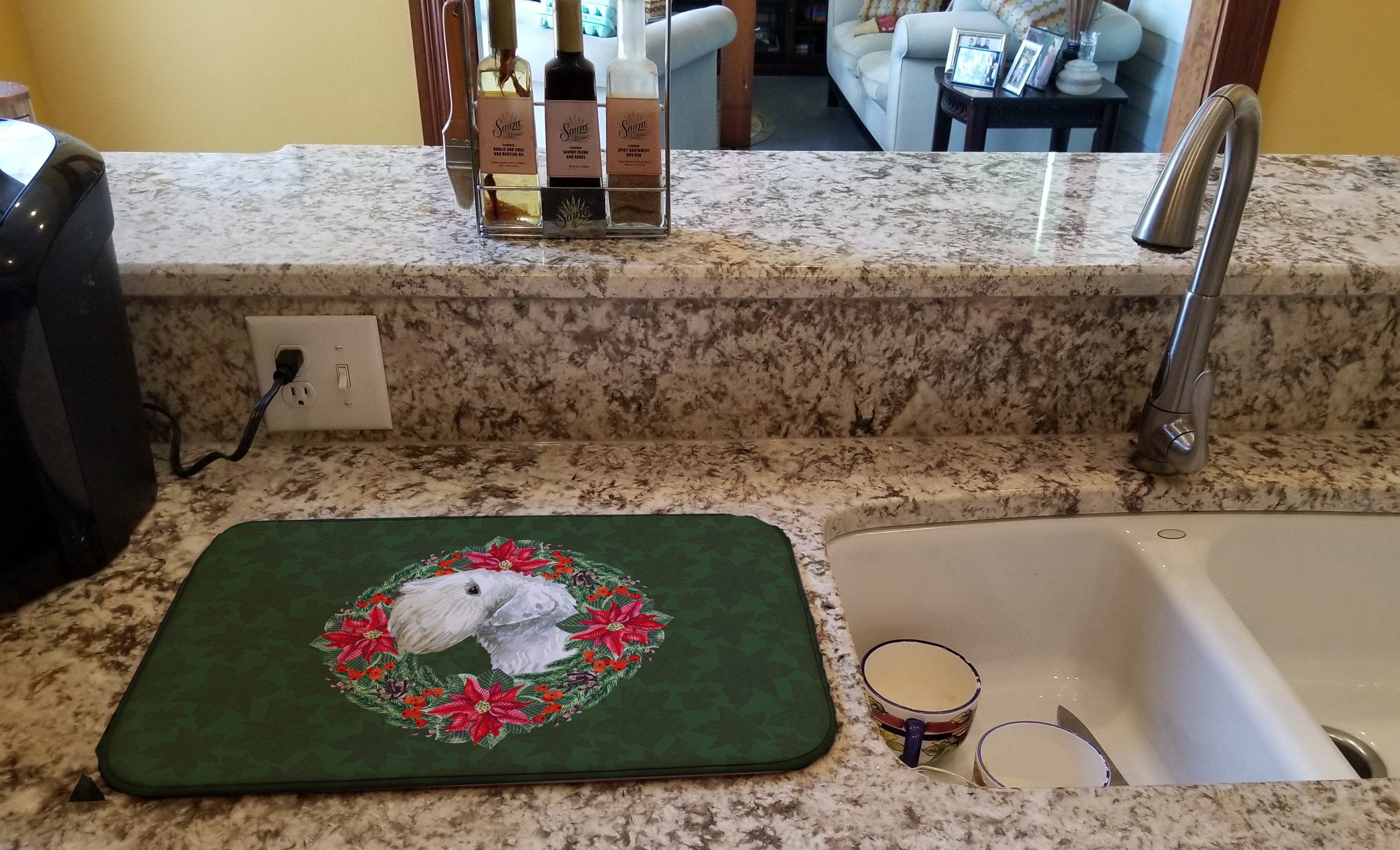 Sealyham Terrier Poinsetta Wreath Dish Drying Mat Absorbent Dish Drying Mat Pad for Kitchen Counter Dish Drainer Mat for Countertop, 14 x 21", Multicolor