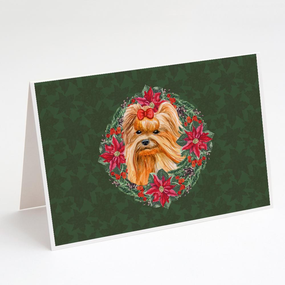 Yorkshire Terrier Poinsetta Wreath Greeting Cards Pack of 8 Blank Cards with Envelopes Whimsical A7 Size 5x7