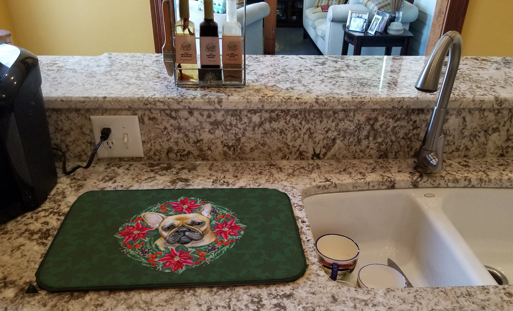 French Bulldog Poinsetta Wreath Dish Drying Mat Absorbent Dish Drying Mat Pad for Kitchen Counter Dish Drainer Mat for Countertop, 14 x 21", Multicolor