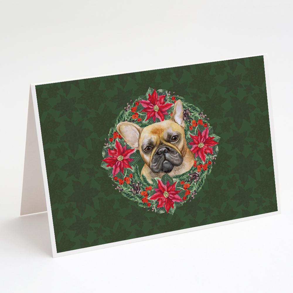 French Bulldog Poinsetta Wreath Greeting Cards Pack of 8 Blank Cards with Envelopes Whimsical A7 Size 5x7