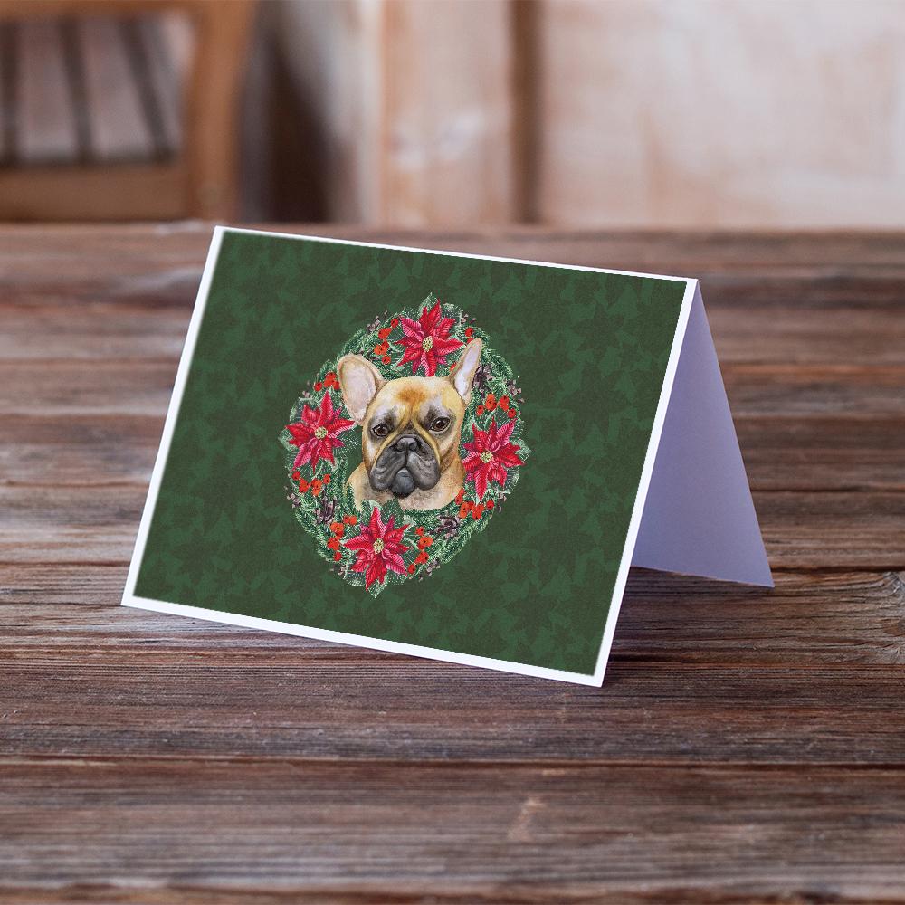 French Bulldog Poinsetta Wreath Greeting Cards Pack of 8 Blank Cards with Envelopes Whimsical A7 Size 5x7