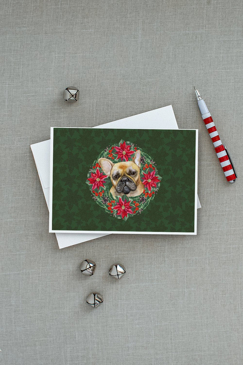 French Bulldog Poinsetta Wreath Greeting Cards Pack of 8 Blank Cards with Envelopes Whimsical A7 Size 5x7