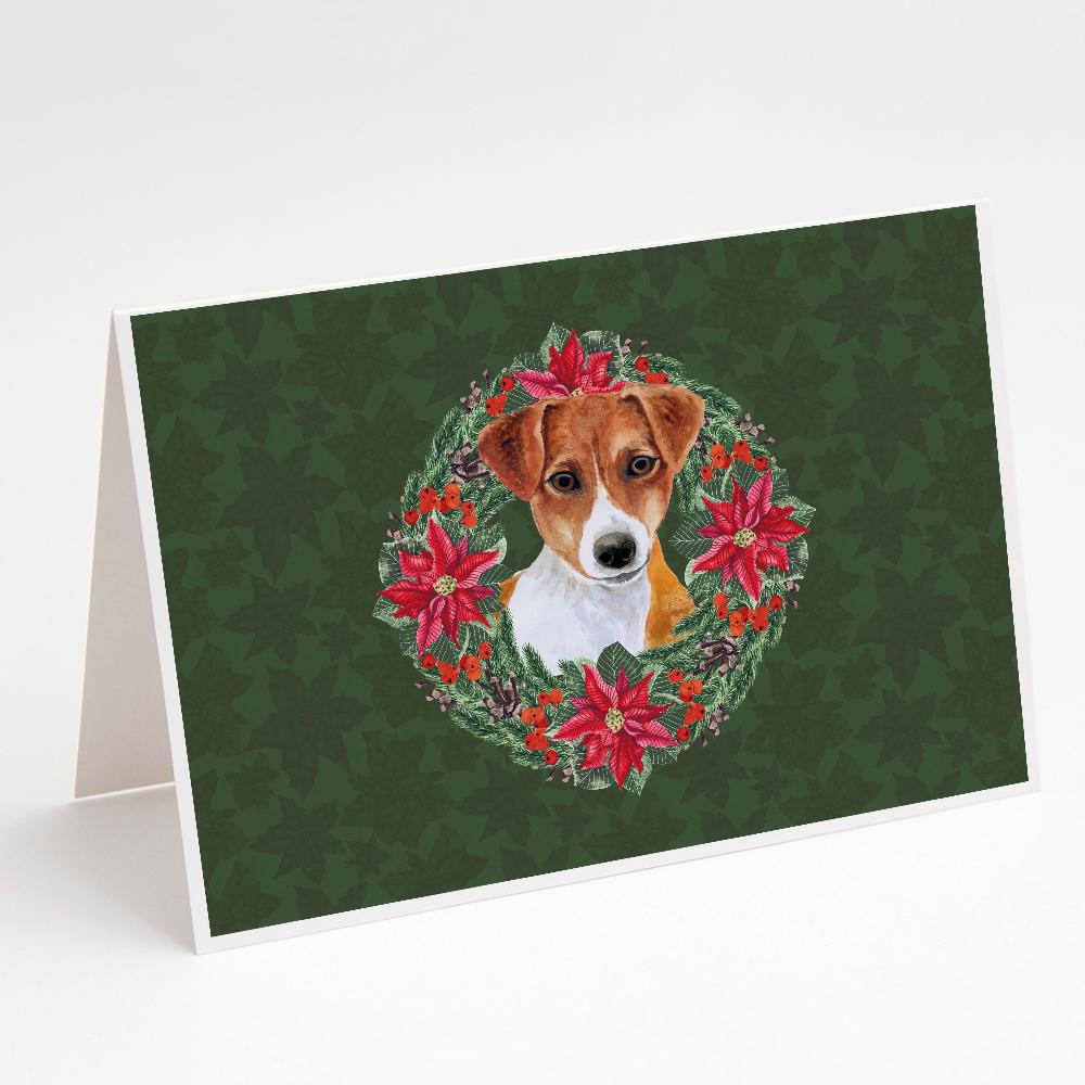 Jack Russell Terrier Poinsetta Wreath Greeting Cards Pack of 8 Blank Cards with Envelopes Whimsical A7 Size 5x7