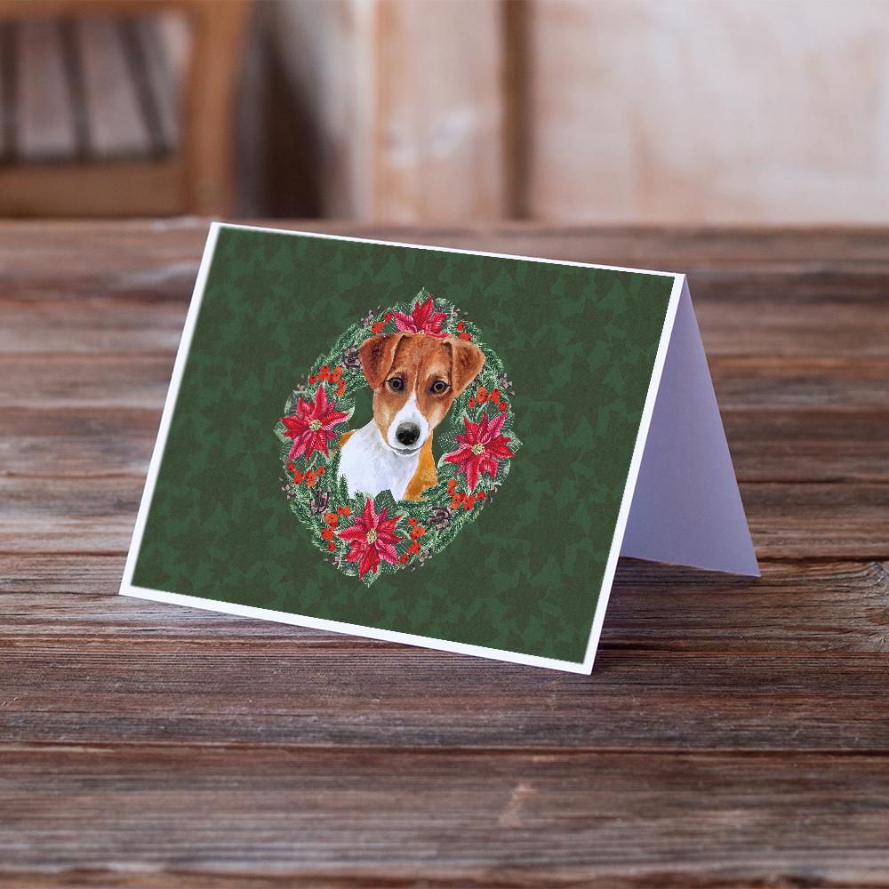 Jack Russell Terrier Poinsetta Wreath Greeting Cards Pack of 8 Blank Cards with Envelopes Whimsical A7 Size 5x7