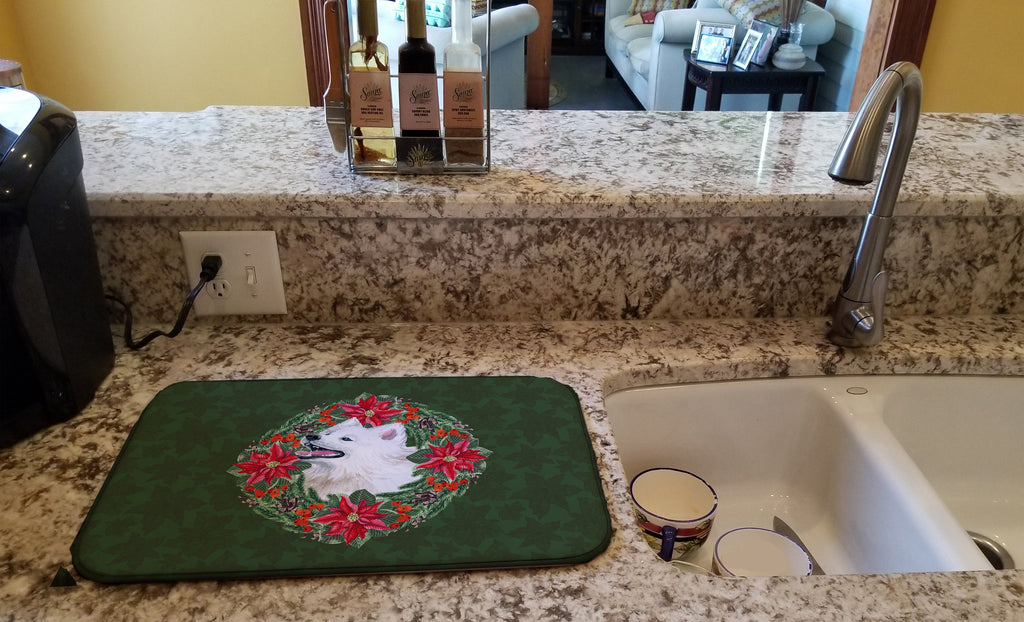 Samoyed Poinsetta Wreath Dish Drying Mat Absorbent Dish Drying Mat Pad for Kitchen Counter Dish Drainer Mat for Countertop, 14 x 21", Multicolor