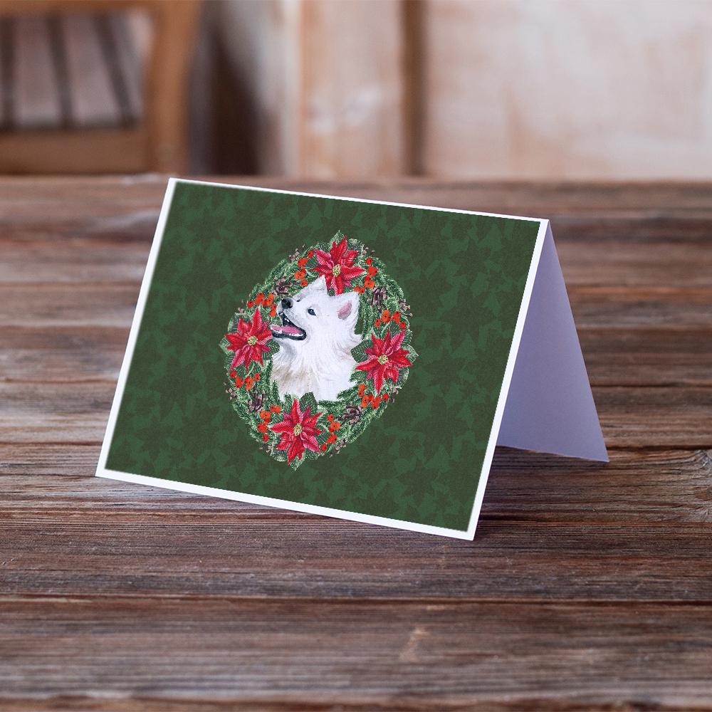 Samoyed Poinsetta Wreath Greeting Cards Pack of 8 Blank Cards with Envelopes Whimsical A7 Size 5x7