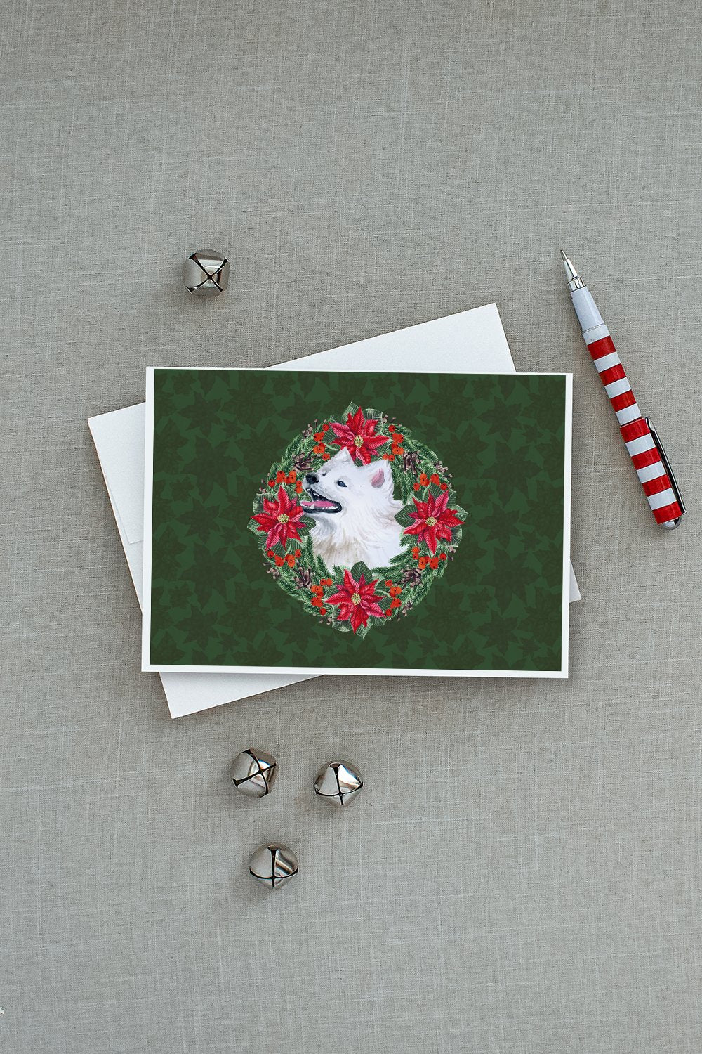 Samoyed Poinsetta Wreath Greeting Cards Pack of 8 Blank Cards with Envelopes Whimsical A7 Size 5x7