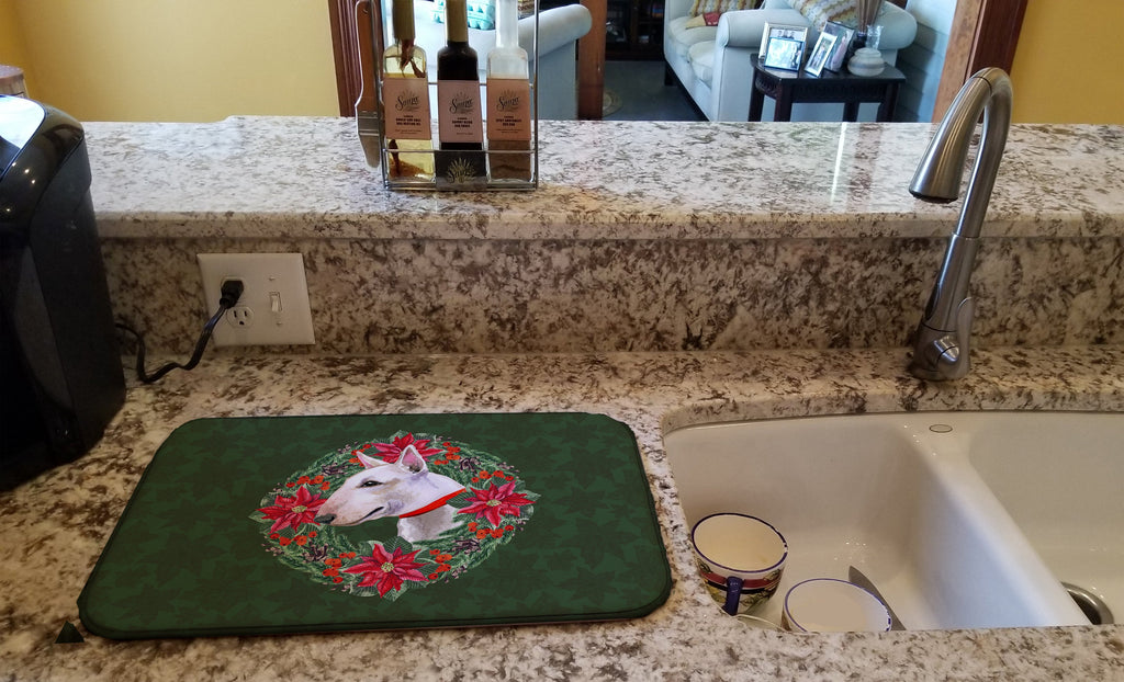 Bull Terrier Poinsetta Wreath Dish Drying Mat Absorbent Dish Drying Mat Pad for Kitchen Counter Dish Drainer Mat for Countertop, 14 x 21", Multicolor