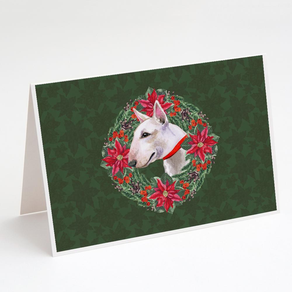 Bull Terrier Poinsetta Wreath Greeting Cards Pack of 8 Blank Cards with Envelopes Whimsical A7 Size 5x7