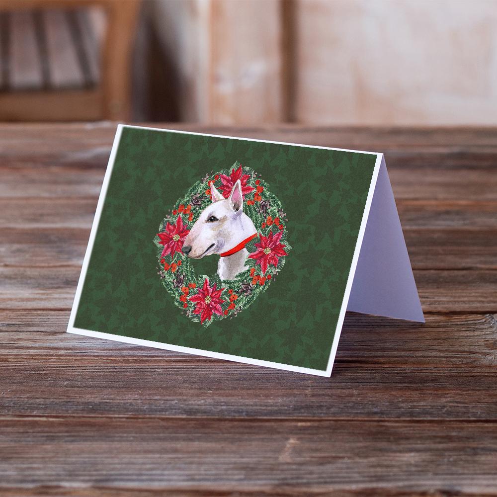 Bull Terrier Poinsetta Wreath Greeting Cards Pack of 8 Blank Cards with Envelopes Whimsical A7 Size 5x7