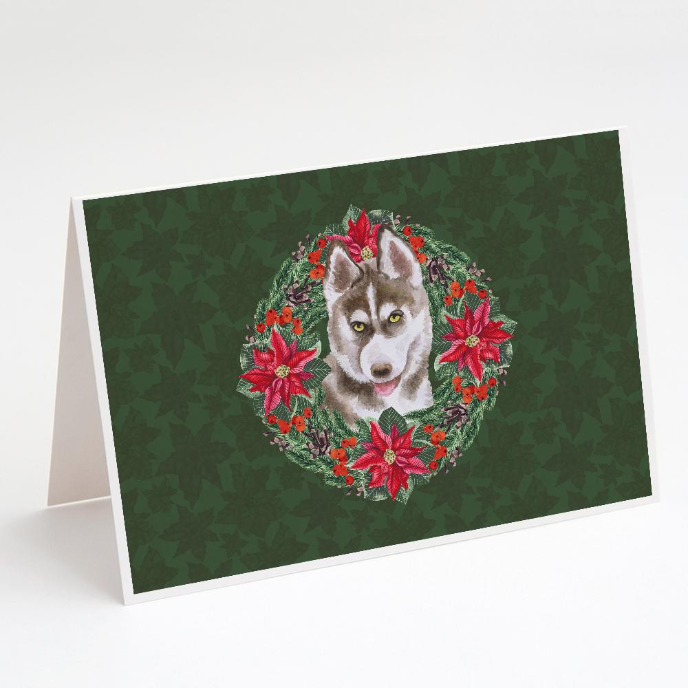 Siberian Husky Grey Poinsetta Wreath Greeting Cards Pack of 8 Blank Cards with Envelopes Whimsical A7 Size 5x7