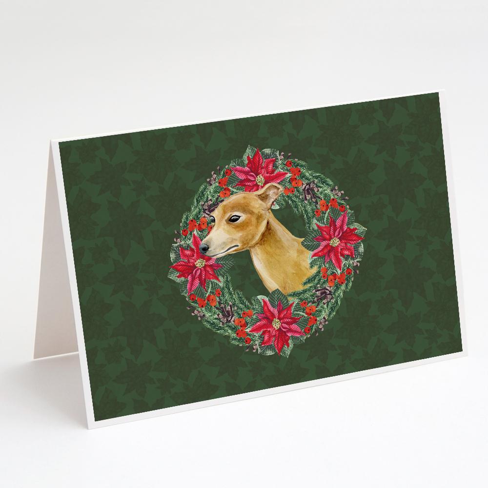 Italian Greyhound Poinsetta Wreath Greeting Cards Pack of 8 Blank Cards with Envelopes Whimsical A7 Size 5x7