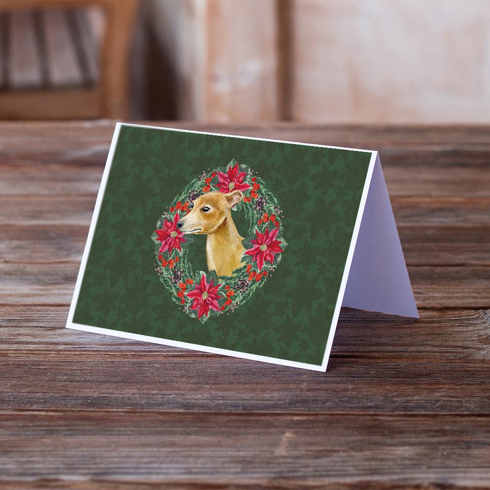 Italian Greyhound Poinsetta Wreath Greeting Cards Pack of 8 Blank Cards with Envelopes Whimsical A7 Size 5x7
