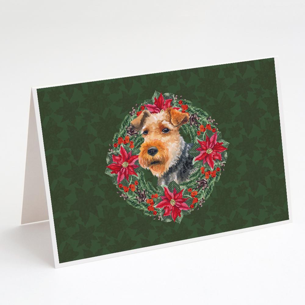 Welsh Terrier Poinsetta Wreath Greeting Cards Pack of 8 Blank Cards with Envelopes Whimsical A7 Size 5x7
