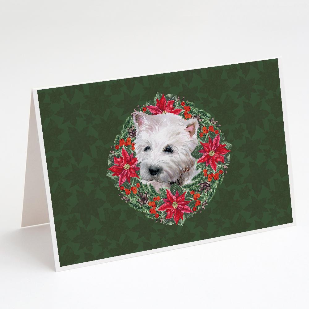 Westie Poinsetta Wreath Greeting Cards Pack of 8 Blank Cards with Envelopes Whimsical A7 Size 5x7