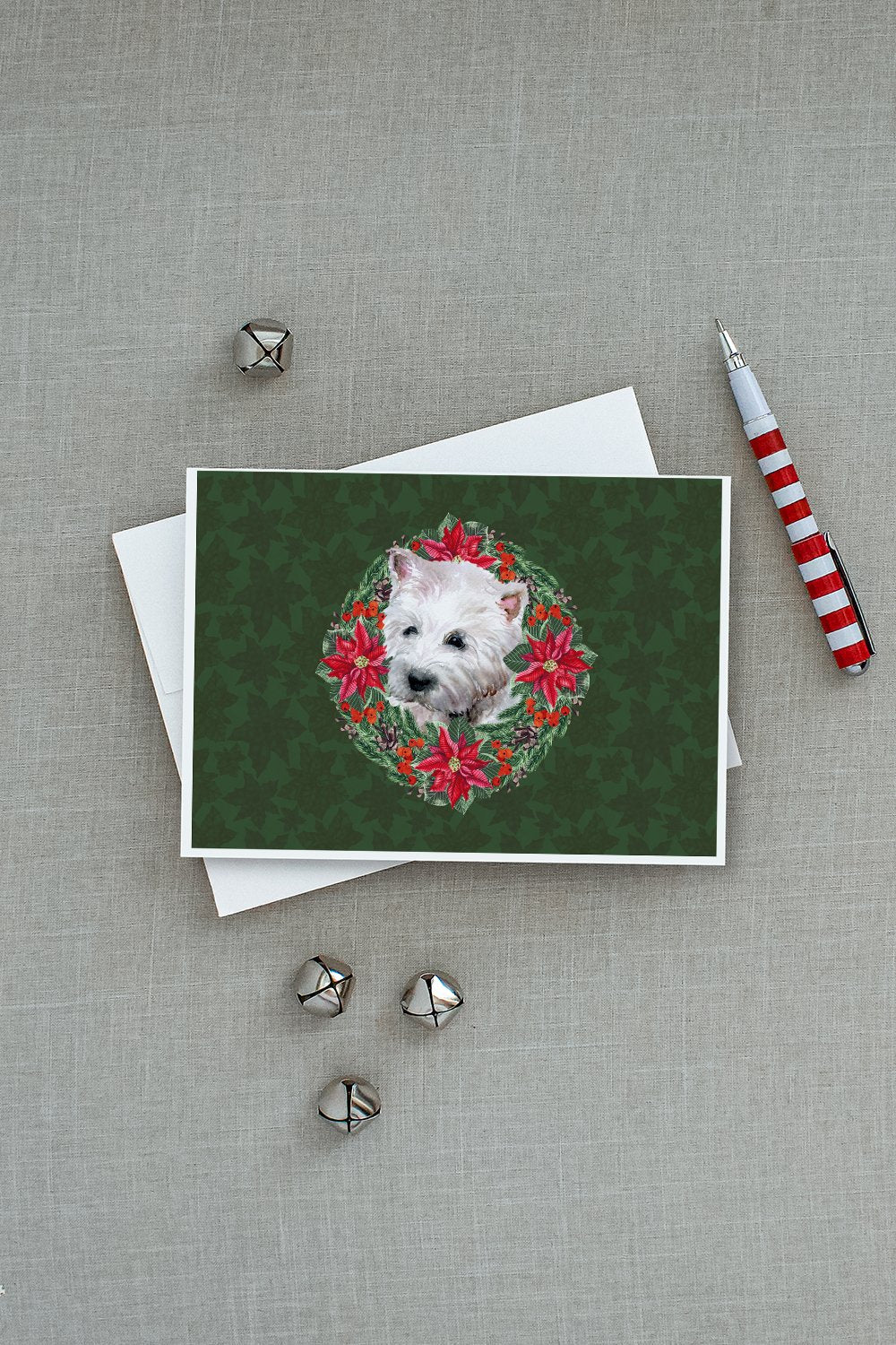 Westie Poinsetta Wreath Greeting Cards Pack of 8 Blank Cards with Envelopes Whimsical A7 Size 5x7