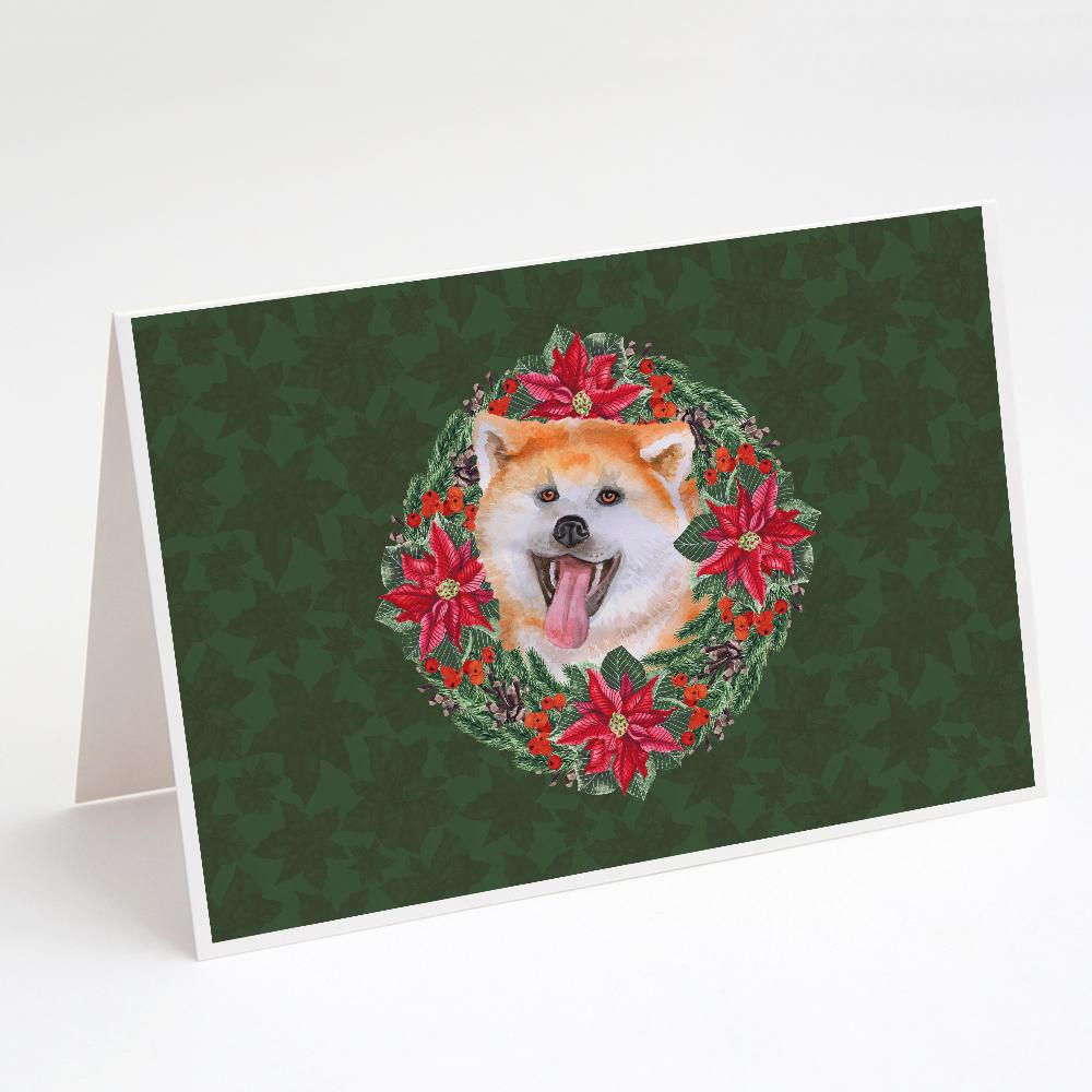 Akita Poinsetta Wreath Greeting Cards Pack of 8 Blank Cards with Envelopes Whimsical A7 Size 5x7
