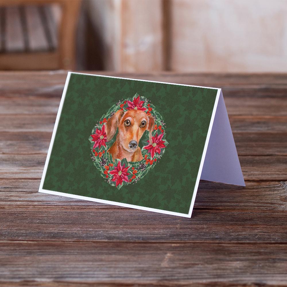 Red Dachshund Poinsetta Wreath Greeting Cards Pack of 8 Blank Cards with Envelopes Whimsical A7 Size 5x7