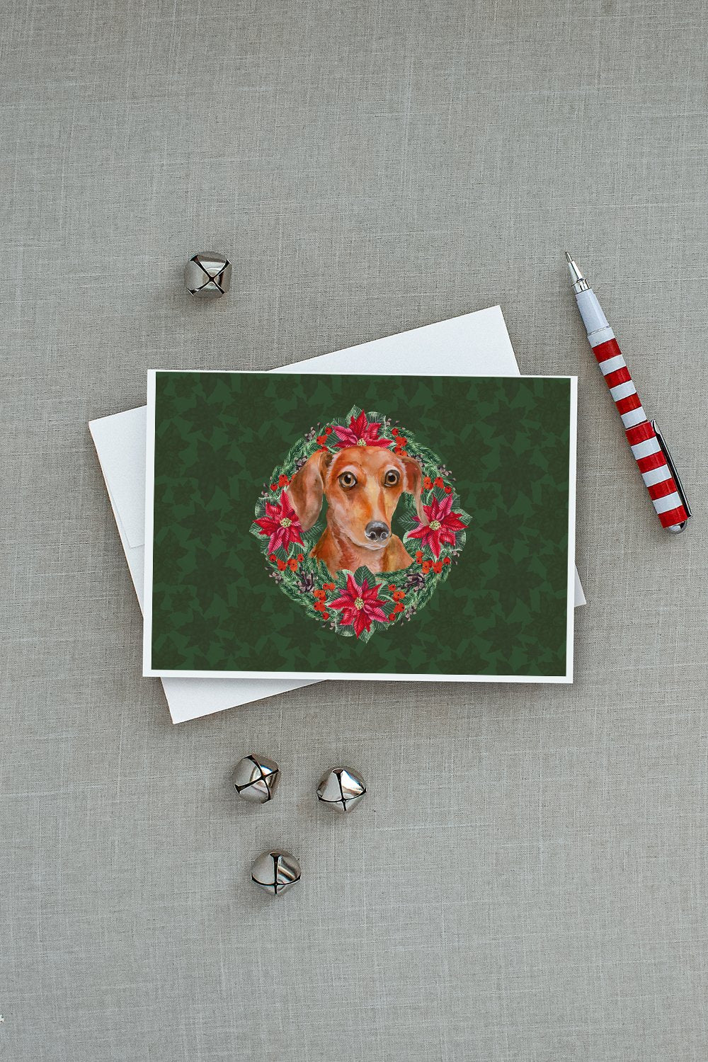 Red Dachshund Poinsetta Wreath Greeting Cards Pack of 8 Blank Cards with Envelopes Whimsical A7 Size 5x7
