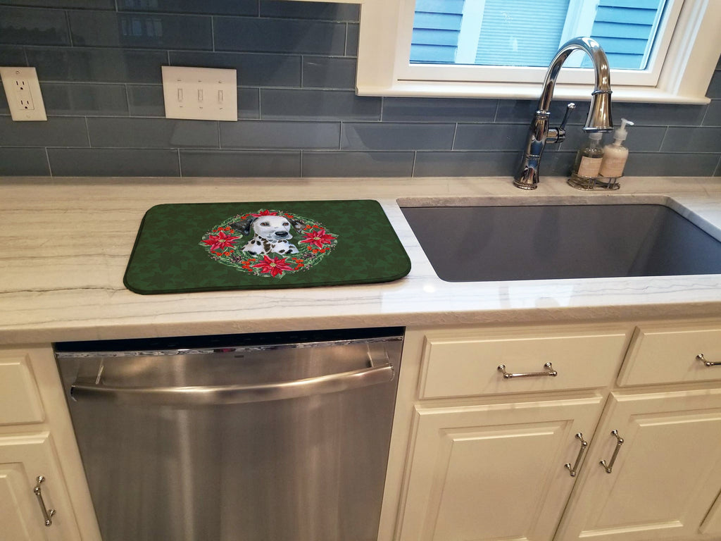 Dalmatian Puppy Poinsetta Wreath Dish Drying Mat Absorbent Dish Drying Mat Pad for Kitchen Counter Dish Drainer Mat for Countertop, 14 x 21", Multicolor