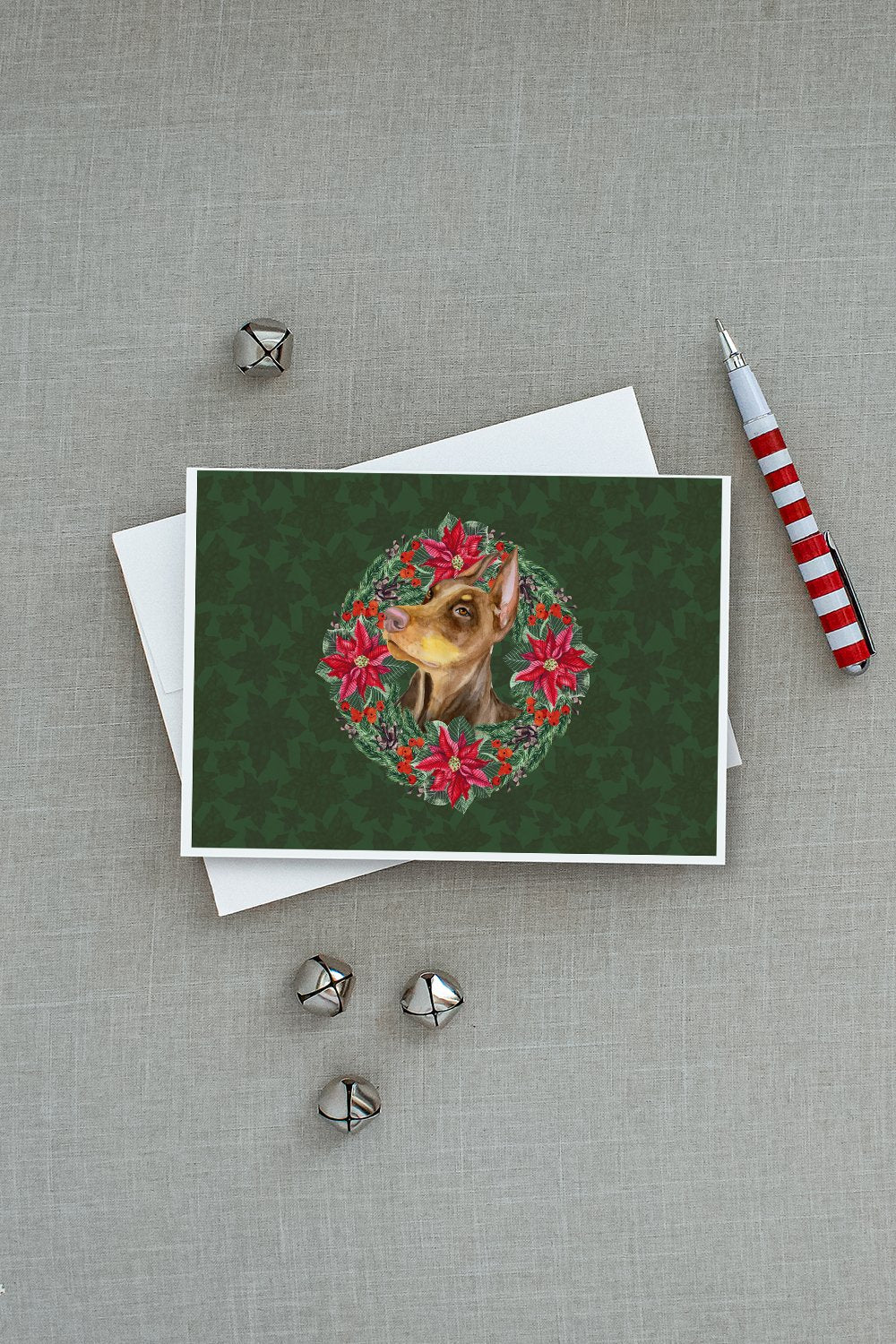 Doberman Pinscher Poinsetta Wreath Greeting Cards Pack of 8 Blank Cards with Envelopes Whimsical A7 Size 5x7
