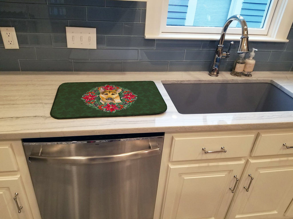 German Shepherd #2 Poinsetta Wreath Dish Drying Mat Absorbent Dish Drying Mat Pad for Kitchen Counter Dish Drainer Mat for Countertop, 14 x 21", Multicolor