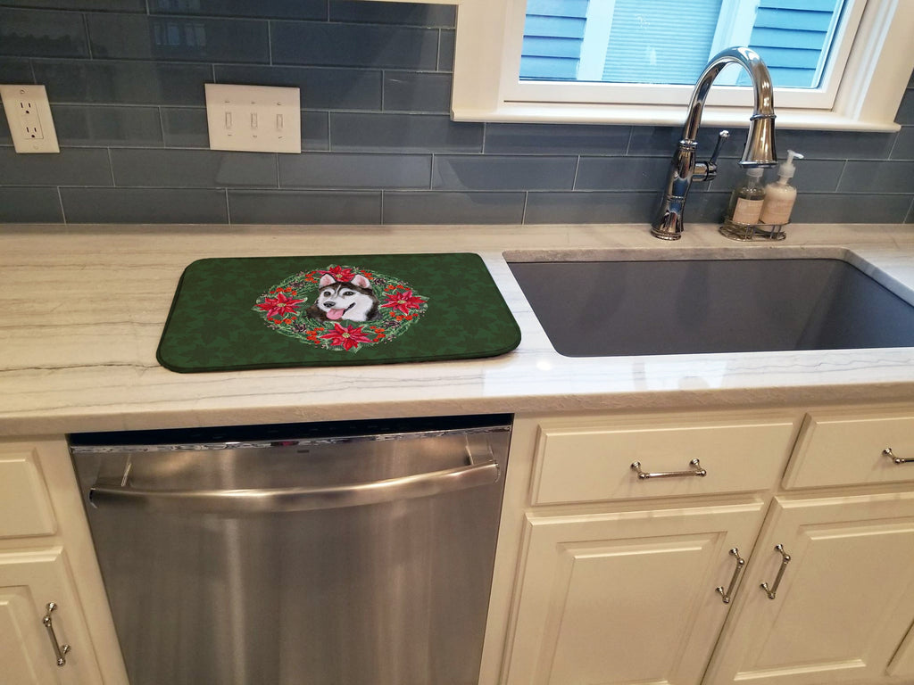 Siberian Husky #2 Poinsetta Wreath Dish Drying Mat Absorbent Dish Drying Mat Pad for Kitchen Counter Dish Drainer Mat for Countertop, 14 x 21", Multicolor