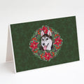 Siberian Husky #2 Poinsetta Wreath Greeting Cards Pack of 8 Blank Cards with Envelopes Whimsical A7 Size 5x7