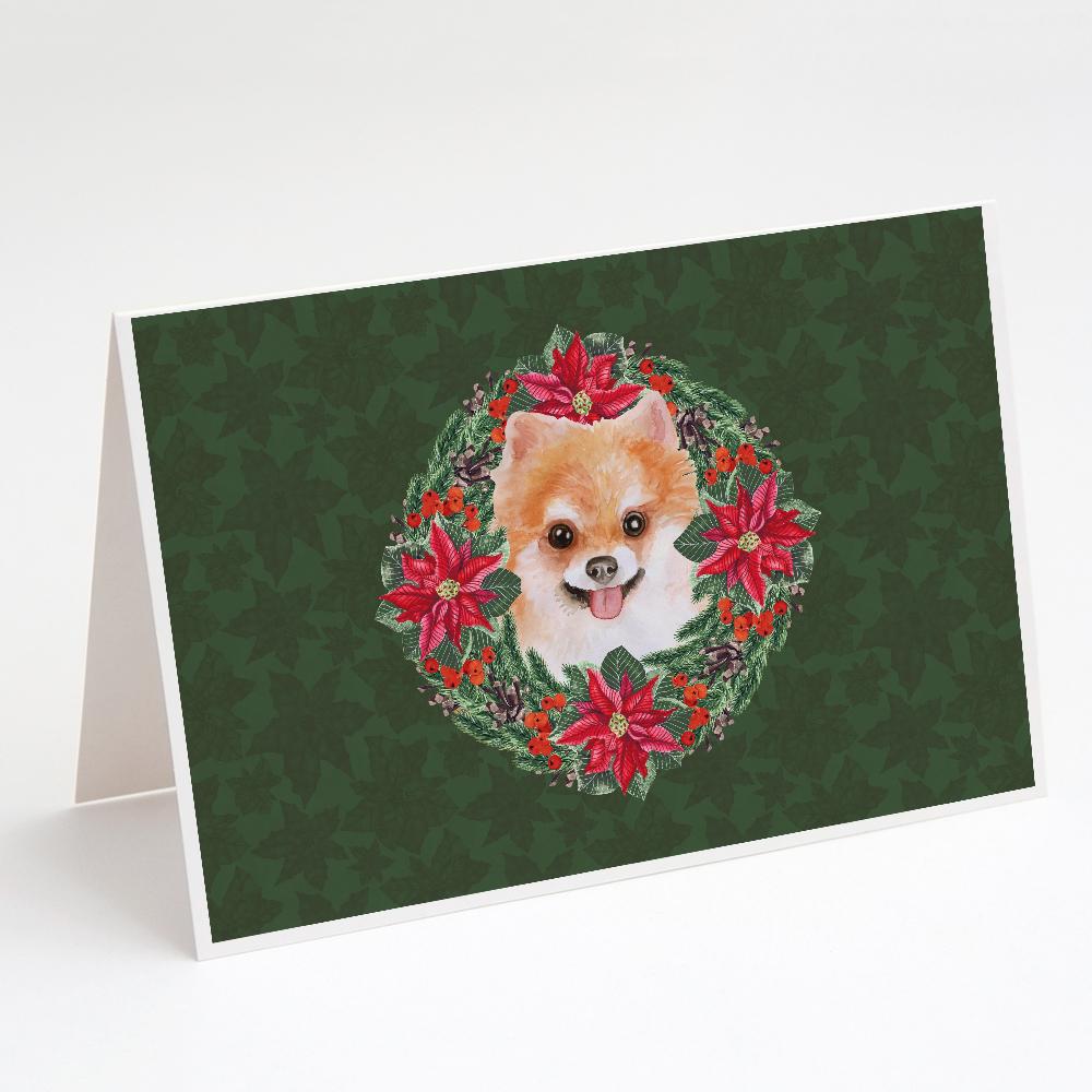 Pomeranian #2 Poinsetta Wreath Greeting Cards Pack of 8 Blank Cards with Envelopes Whimsical A7 Size 5x7